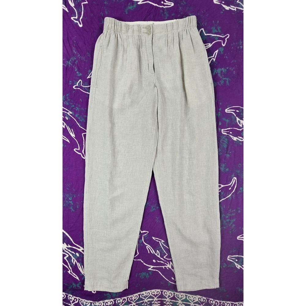 Poetry Womens Trousers Pants Pleated Tapered 100% Linen Micro Check Light Gray 2